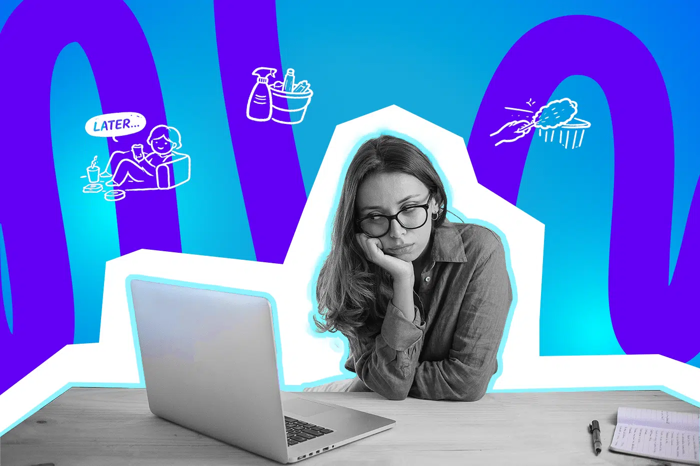 Frau sitzt gelangweilt vor einem Laptop, stützt den Kopf in die Hand und wirkt unmotiviert vor einem bunten, grafischen Hintergrund mit Aufschiebe- und Haushaltssymbolen.