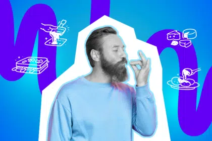 Ein Mann genießt genüsslich einen Bissen und macht das typische „perfekt“-Handzeichen – umgeben von Symbolen für Raclette, Käse und gemeinsames Essen.