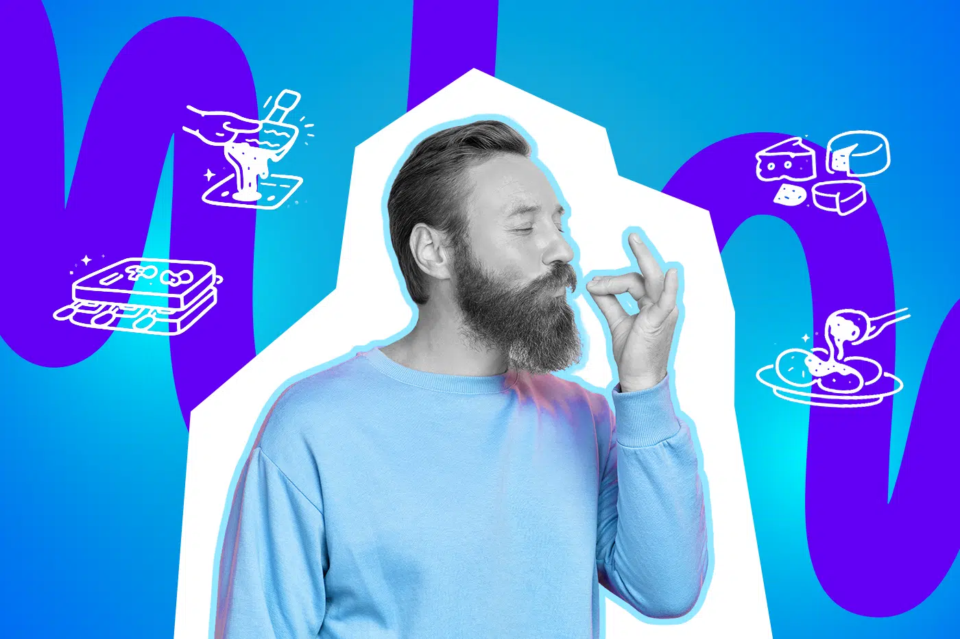 Ein Mann genießt genüsslich einen Bissen und macht das typische „perfekt“-Handzeichen – umgeben von Symbolen für Raclette, Käse und gemeinsames Essen.