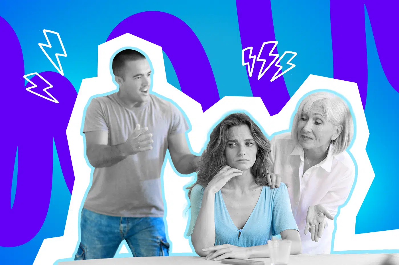 Junge Frau sitzt nachdenklich am Tisch, während ein Mann gestikuliert und eine ältere Frau sie von der Seite anspricht, vor einem bunten, grafischen Hintergrund mit Blitzsymbolen.