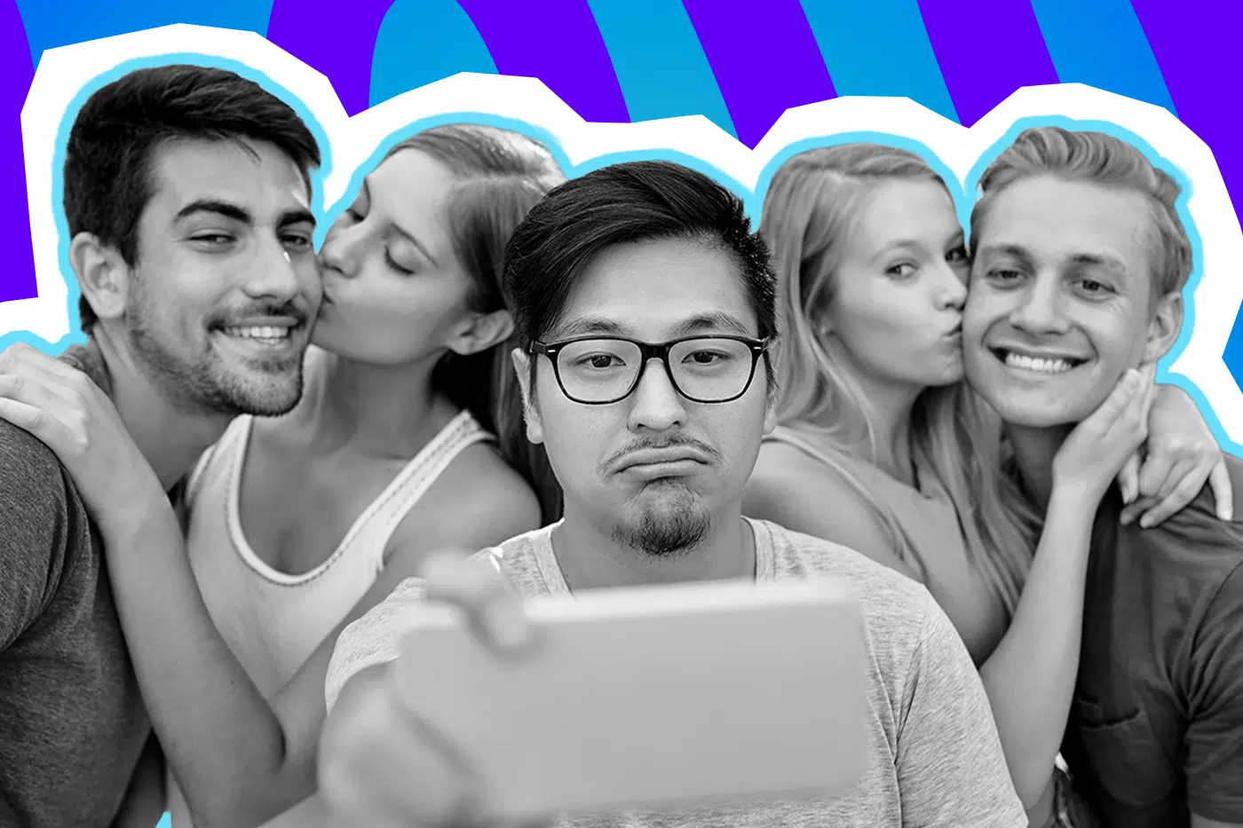 Ein Mann blickt mit skeptischem Gesichtsausdruck in die Kamera, während im Hintergrund zwei Paare turteln. Die Pop-Art-Illustration symbolisiert humorvoll das Single-Dasein, das „Fünfte Rad am Wagen“ und die Herausforderungen des modernen Datings.