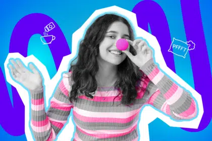 Lächelnde junge Frau mit einer pinken Clownsnase im Pop-Art-Stil. Die Illustration symbolisiert Humor, kindliche Freude und den Spaß daran, anderen harmlose Streiche zu spielen.