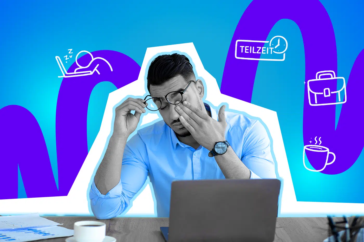 Mann ist komplett erschöpft von der Arbeit und sitzt müde vor seinem Laptop.