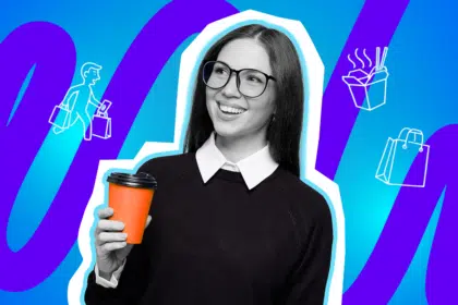 Moderne Grafik einer Frau, die ihren Kaffee unterwegs genießt. Inklusive minimalistischer Symbole für Fast Food und Shopping-Erlebnisse. Ideal für Blogbeiträge über Zeitmanagement, Gastronomie-Trends und humorvolle Geschichten über das Leben zum To-Go