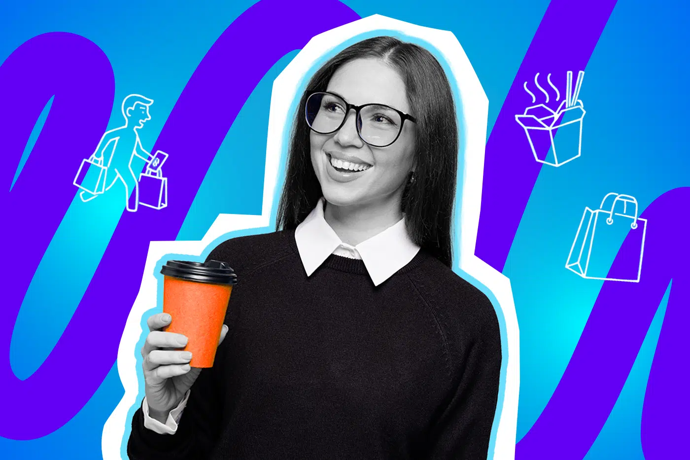 Moderne Grafik einer Frau, die ihren Kaffee unterwegs genießt. Inklusive minimalistischer Symbole für Fast Food und Shopping-Erlebnisse. Ideal für Blogbeiträge über Zeitmanagement, Gastronomie-Trends und humorvolle Geschichten über das Leben zum To-Go