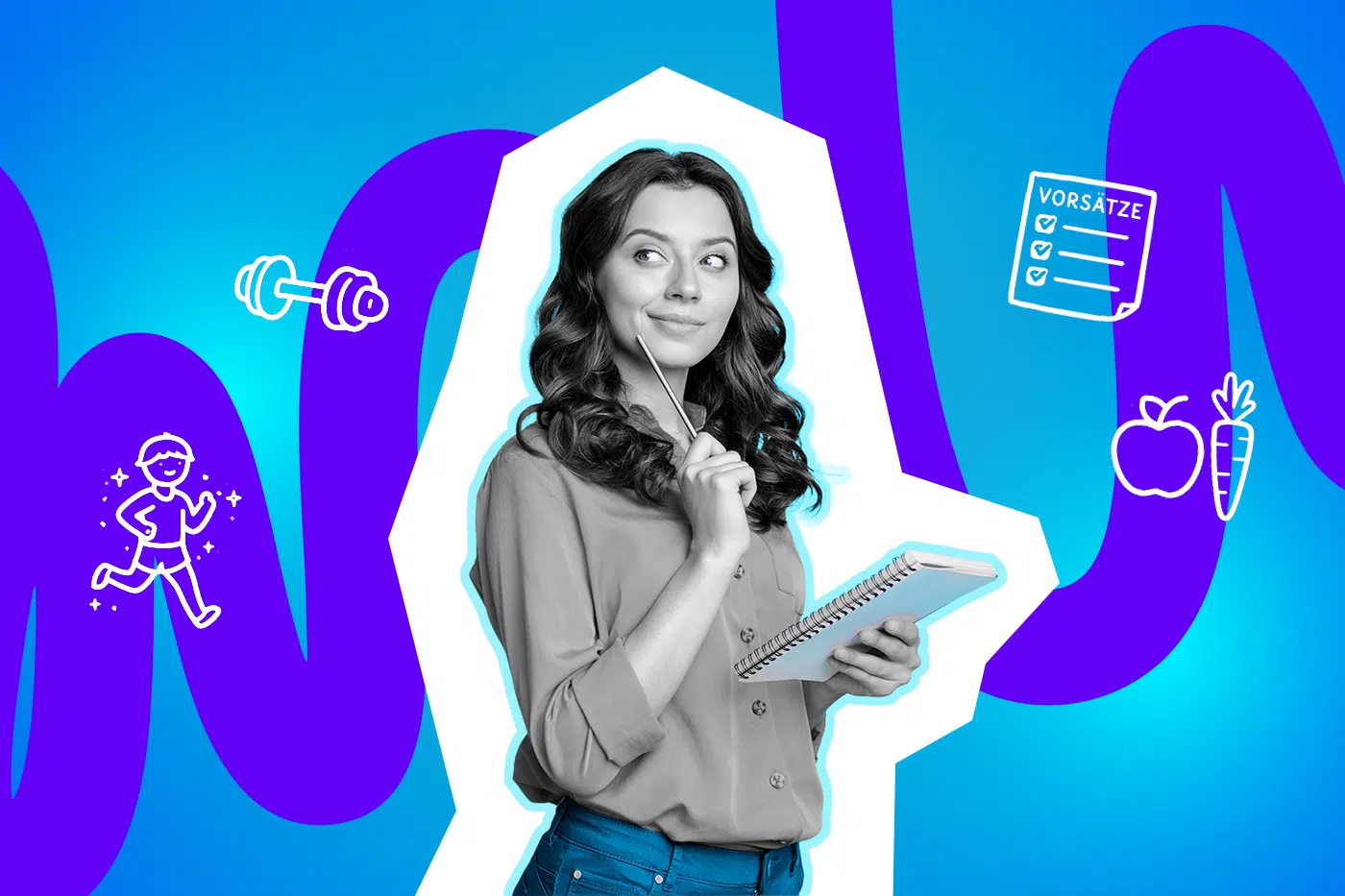 Junge Frau hält nachdenklich ein Notizbuch und einen Stift vor einem bunten, grafischen Hintergrund mit Symbolen für Vorsätze, Sport und gesunde Ernährung.