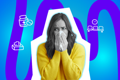 Eine Frau hält sich ein Taschentuch vor die Nase und wirkt besorgt, vor einem farbigen Hintergrund mit Symbolen für Medikamente, Taschentücher und Wartezimmer.