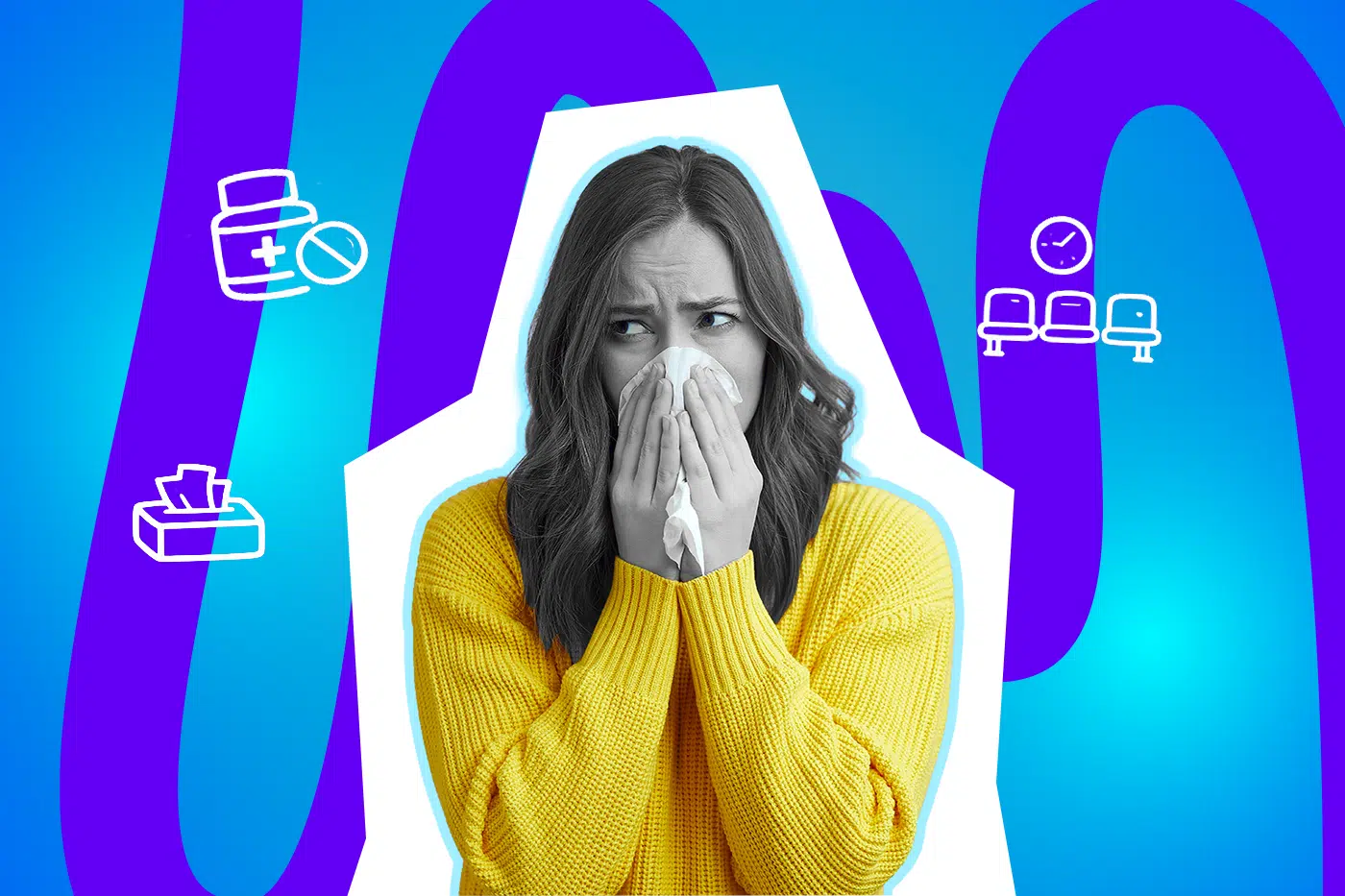 Eine Frau hält sich ein Taschentuch vor die Nase und wirkt besorgt, vor einem farbigen Hintergrund mit Symbolen für Medikamente, Taschentücher und Wartezimmer.