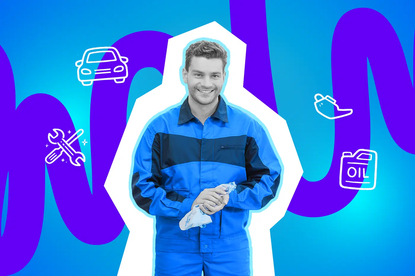 Ein lächelnder Mann in Arbeitskleidung steht vor einem farbigen Hintergrund mit Symbolen für Auto, Werkzeug und Öl und hält ein Reinigungstuch in den Händen.