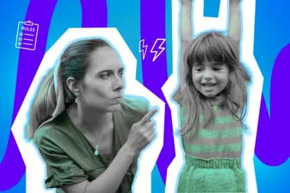 Eine Mutter zeigt mahnend mit dem Finger, während ein Kind fröhlich die Arme hochstreckt, vor einem farbigen Hintergrund mit Regel- und Blitzsymbolen.