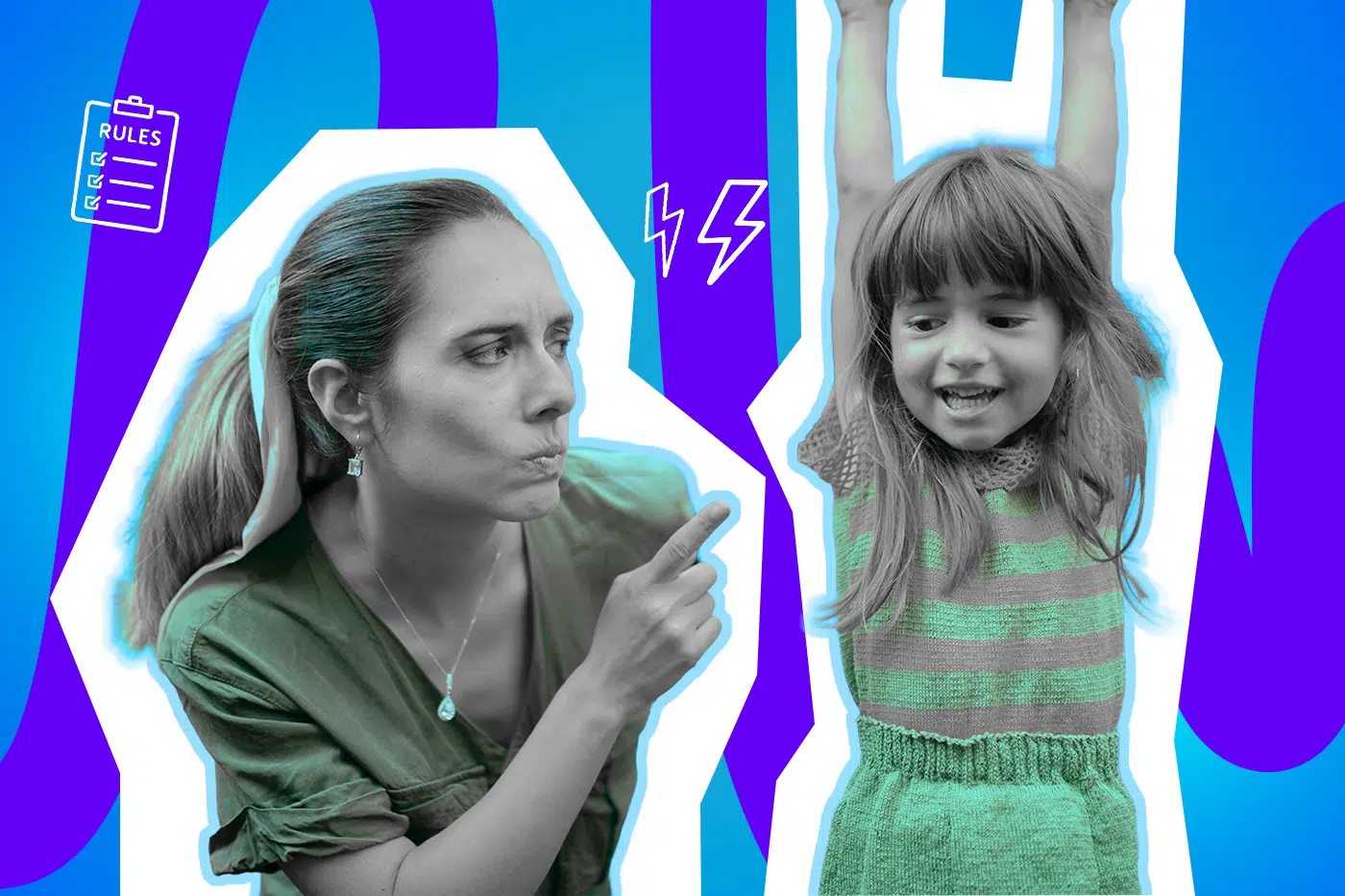 Eine Mutter zeigt mahnend mit dem Finger, während ein Kind fröhlich die Arme hochstreckt, vor einem farbigen Hintergrund mit Regel- und Blitzsymbolen.