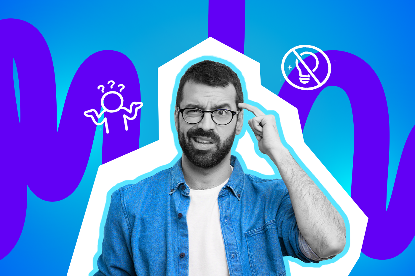 Ein Mann mit Brille tippt sich verwirrt an die Stirn und schaut zweifelnd in die Kamera, vor einem farbigen Hintergrund mit Fragezeichen-Symbolen.