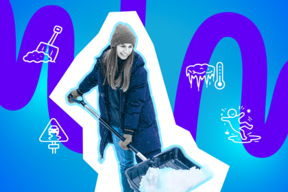 Frau in Winterkleidung schiebt lächelnd Schnee mit einer Schneeschaufel vor einem bunten, grafischen Hintergrund mit Wintersymbolen.