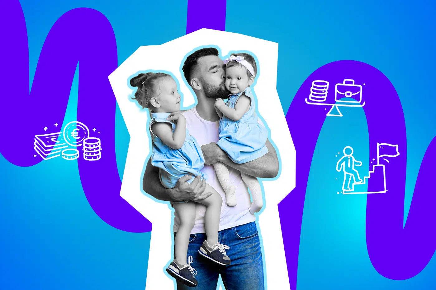 Ein Vater hält liebevoll zwei Kinder im Arm – das Motiv steht für Gleichberechtigung, Verantwortung und faire Chancen.