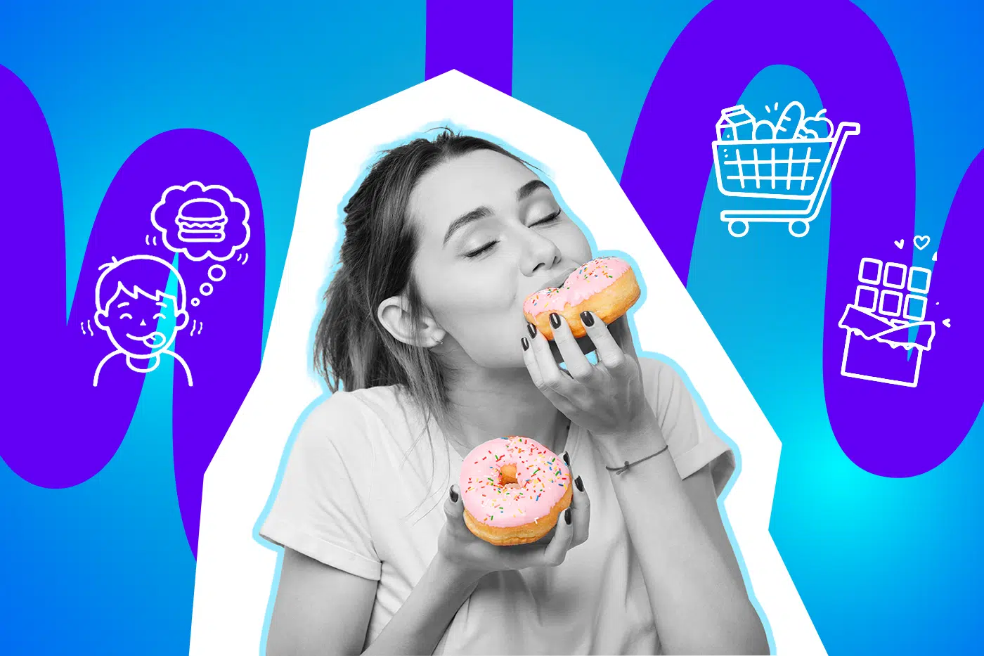 Junge Frau genießt genüsslich einen Donut und hält einen zweiten in der Hand vor einem bunten, grafischen Hintergrund mit Essens- und Einkaufssymbolen.