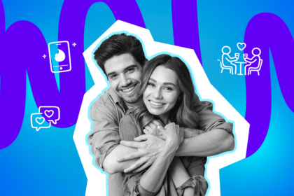 Ein glückliches Paar umarmt sich und lächelt in die Kamera, vor einem farbigen Hintergrund mit Symbolen für Dating, Nachrichten und Herzen.