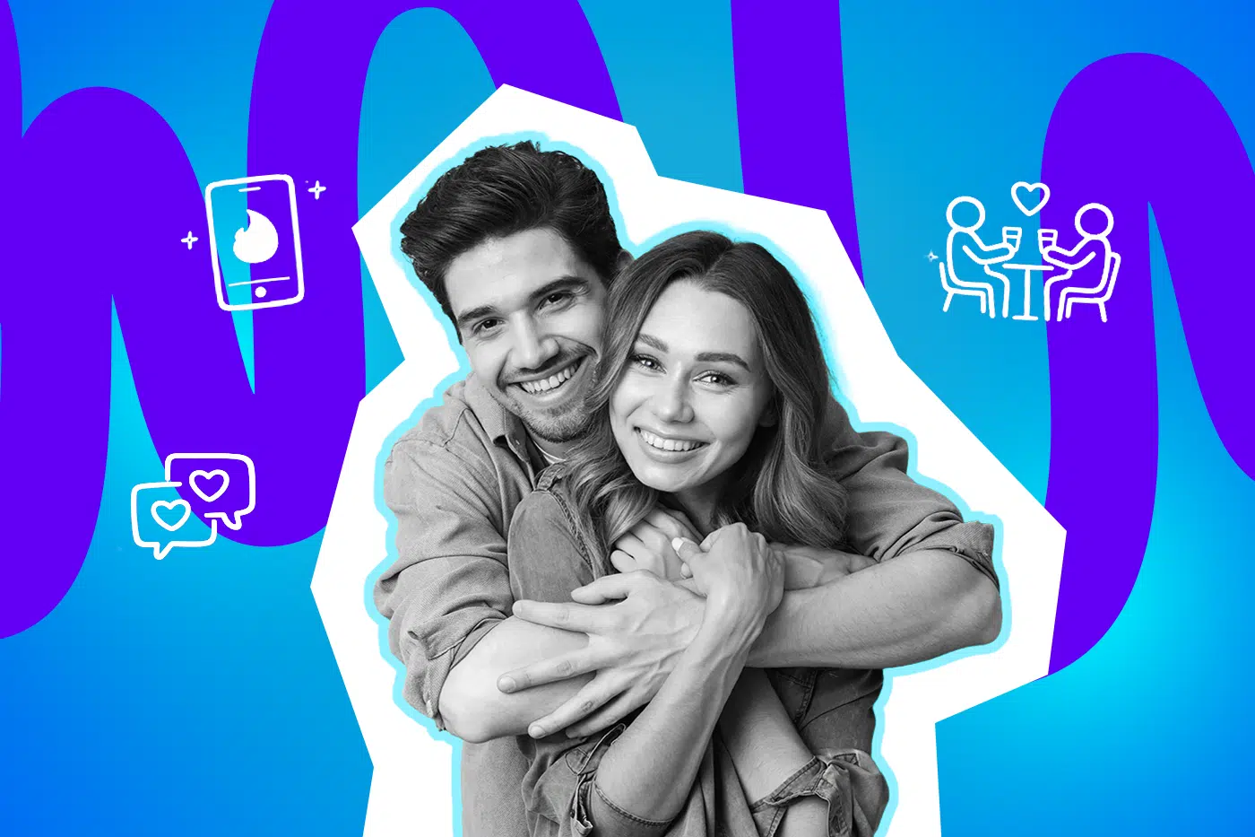 Ein glückliches Paar umarmt sich und lächelt in die Kamera, vor einem farbigen Hintergrund mit Symbolen für Dating, Nachrichten und Herzen.