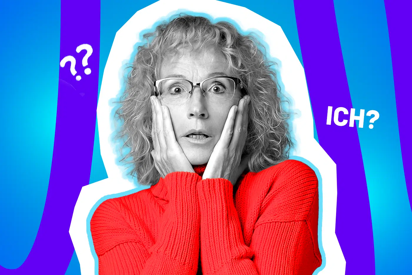 Humorvolle Collage zum Thema Besserwisser und Rechthaberei: Eine völlig schockiert und ertappt blickende Frau mit Brille und Locken in Schwarz-Weiß reißt die Augen auf und presst sich fassungslos die Hände an die Wangen. Sie trägt einen leuchtend roten Rollkragenpullover. Neben ihr schweben weiße Fragezeichen und der rechtfertigende Schriftzug „ICH?“. Das Pop-Art-Motiv vor einem blau-violetten Wellen-Hintergrund visualisiert humorvoll die gespielte Unschuld und Abwehrhaltung von Menschen, die gerade bei ihren nervigen Klugscheißereien konfrontiert wurden.