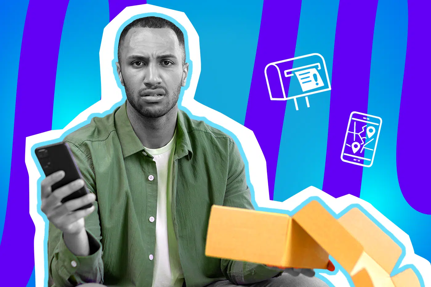 Humorvolle Collage zum Thema Paketzustellung: Ein sichtlich verwirrter Mann in Schwarz-Weiß mit einem grünen Hemd blickt ratlos in die Kamera. In der einen Hand hält er sein Smartphone zur Sendungsverfolgung, in der anderen ein geöffnetes, leeres oranges Paket. Das Motiv vor einem blau-violetten Wellen-Hintergrund visualisiert den Frust und die Verwirrung beim Online-Shopping und Warten auf den Postboten.