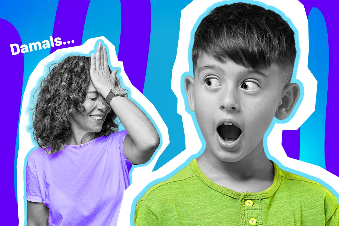 Humorvolle Collage zum Thema Schulweg: Eine lachende Frau in Schwarz-Weiß fasst sich kopfschüttelnd an die Stirn (Facepalm). Sie trägt ein lilafarbenes T-Shirt, über ihr steht das weiße Wort „Damals...“. Daneben blickt ein Junge in einem leuchtend grünen Shirt mit weit aufgerissenem Mund völlig ungläubig zur Seite. Das Pop-Art-Motiv vor einem blau-violetten Wellen-Hintergrund visualisiert humorvoll die oft absurden Geschichten von Eltern über ihren früheren Schulweg und die fassungslose Reaktion der Kinder.