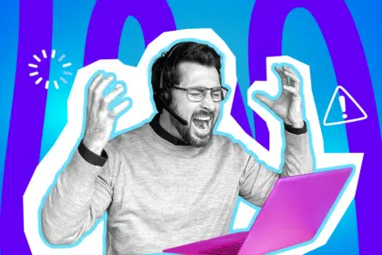 Moderne Grafik, die den totalen Nervenzusammenbruch vor dem Bildschirm darstellt. Die Illustration fängt den puren Frust über nicht funktionierende Technik ein. Ideal für Blogbeiträge über IT-Probleme im Alltag, den elterlichen Umgang mit Smartphones und humorvolle Technik-Anekdoten.