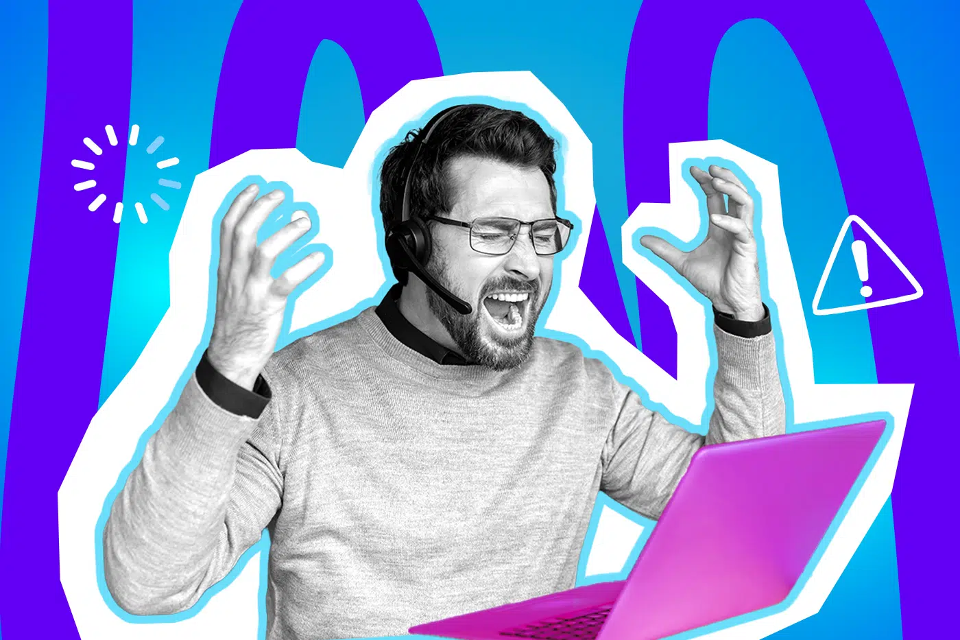 Moderne Grafik, die den totalen Nervenzusammenbruch vor dem Bildschirm darstellt. Die Illustration fängt den puren Frust über nicht funktionierende Technik ein. Ideal für Blogbeiträge über IT-Probleme im Alltag, den elterlichen Umgang mit Smartphones und humorvolle Technik-Anekdoten.