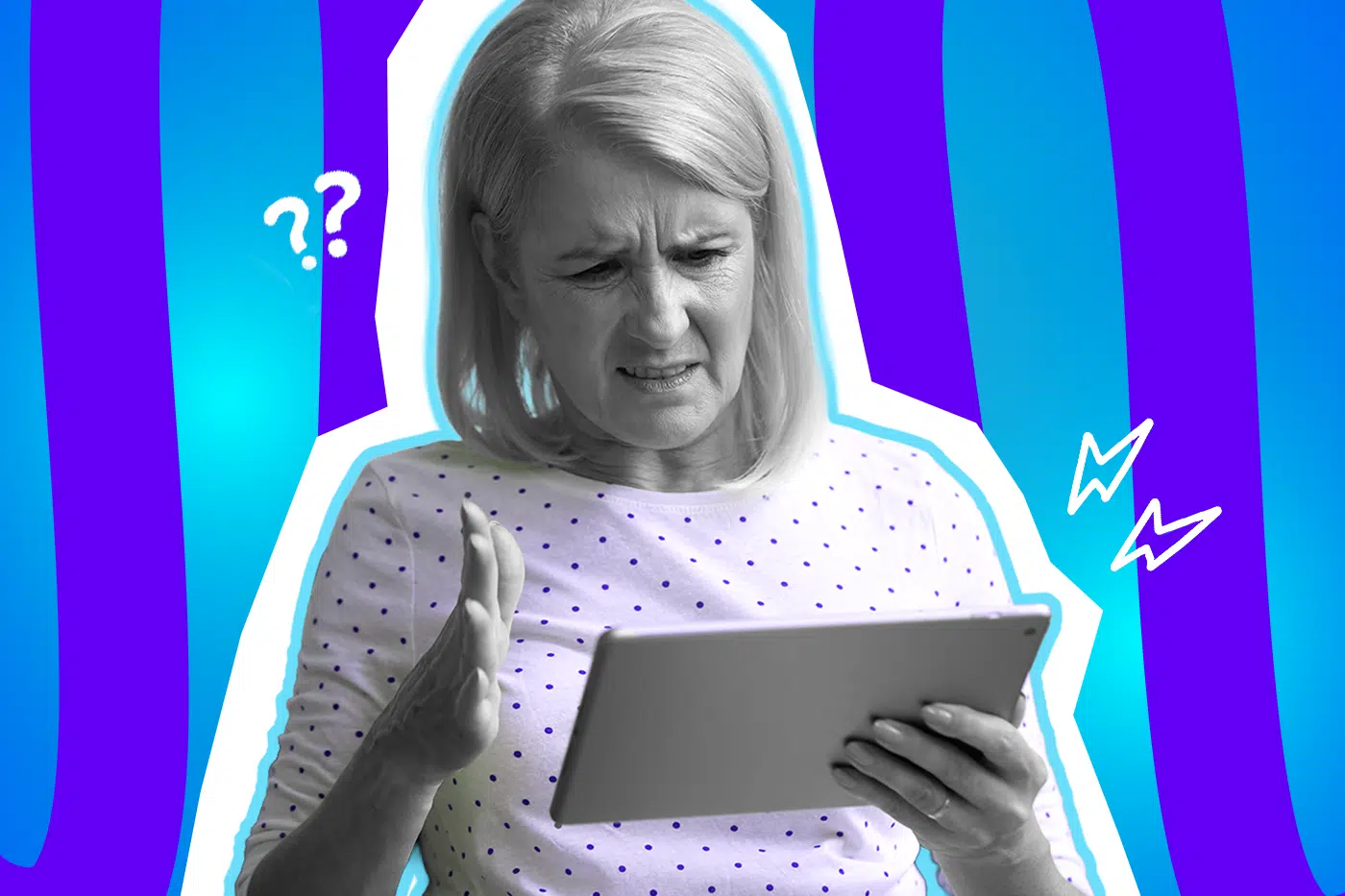 Humorvolle Collage zum Thema Technikfrust und Generationenkonflikt: Eine ältere Frau in Schwarz-Weiß mit einem hellen, gepunkteten Oberteil blickt extrem verwirrt und leicht verzweifelt auf ein Tablet in ihren Händen. Sie hat die rechte Hand fragend und resigniert angehoben. Weiße Fragezeichen- und Blitz-Icons um sie herum sowie das Pop-Art-Motiv vor einem blau-violetten Wellen-Hintergrund visualisieren pointiert die typische Überforderung mit moderner Technik und den alltäglichen Wahnsinn, wenn man den Eltern mal wieder das WLAN erklären muss.
