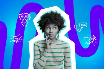 Nachdenkliche junge Frau blickt zur Seite und tippt sich an das Kinn vor einem bunten, grafischen Hintergrund mit Hilfe-, SOS- und Handsymbolen.