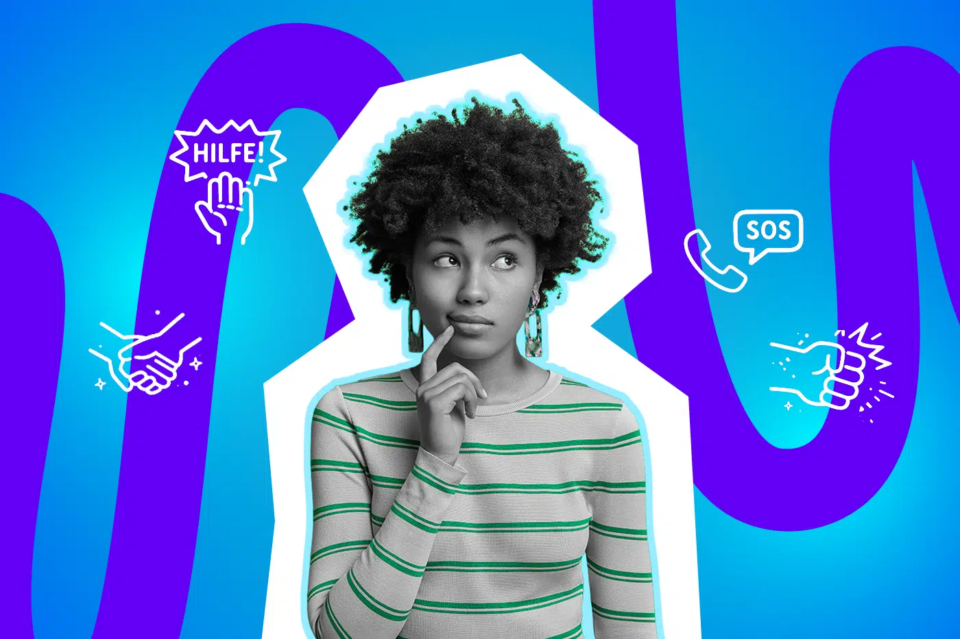 Nachdenkliche junge Frau blickt zur Seite und tippt sich an das Kinn vor einem bunten, grafischen Hintergrund mit Hilfe-, SOS- und Handsymbolen.