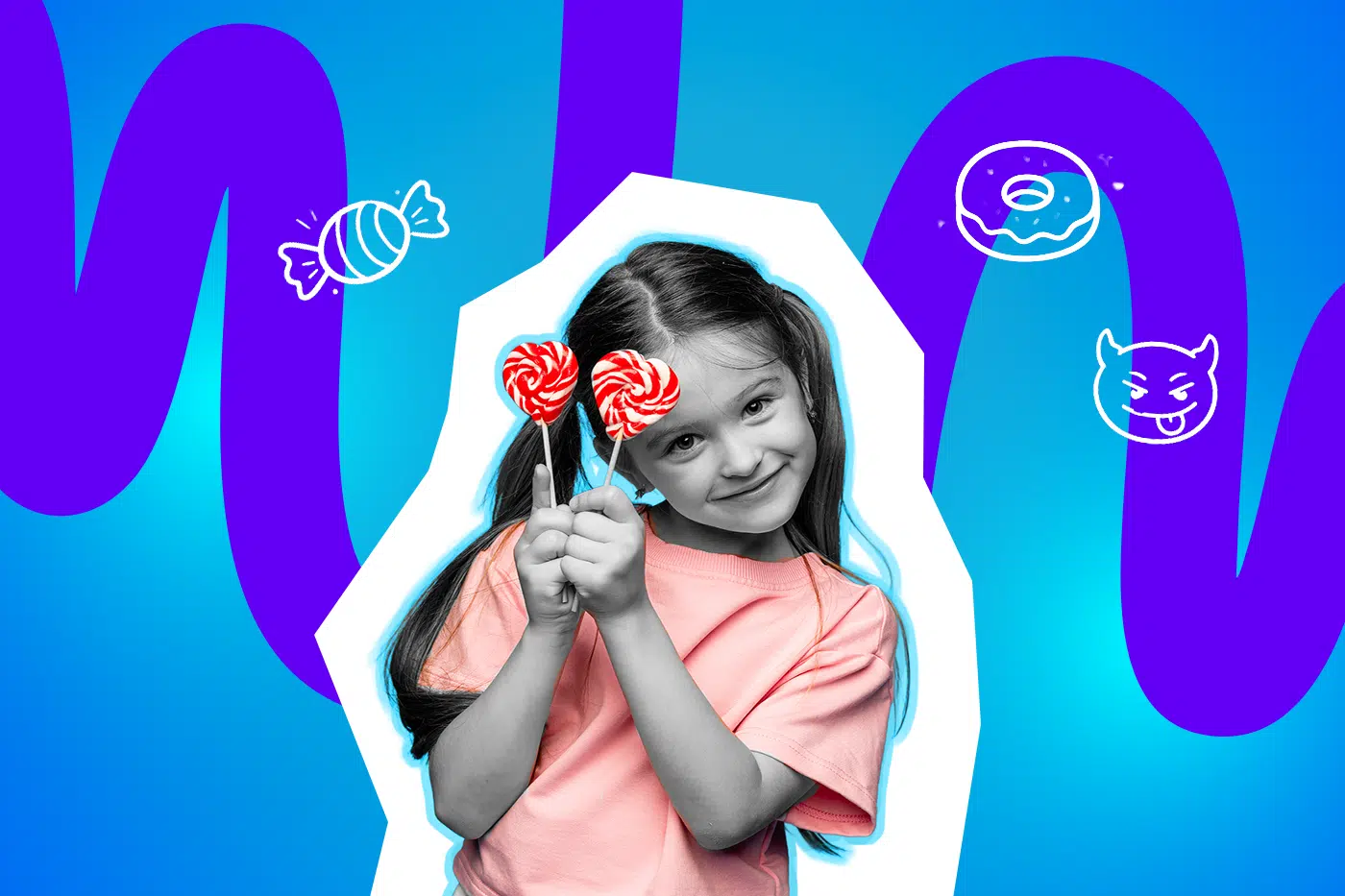 Mädchen hält zwei bunte Lutscher vor das Gesicht und lächelt verspielt vor einem bunten, grafischen Hintergrund mit Süßigkeitensymbolen.