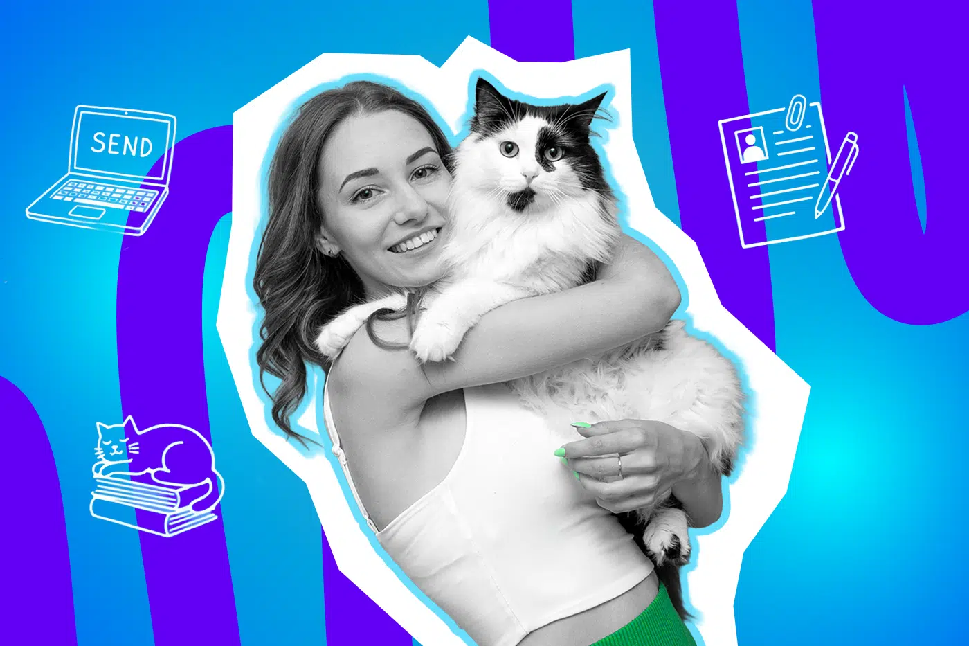 Kreative Bildcollage einer Frau in Schwarz-Weiß-Optik mit grüner Hose vor blau-lila Hintergrund. Umrahmt von Icons wie einer „Send“-Taste und einem Bewerbungsformular, die humorvoll die Frage nach dem passenden Bewerbungsfoto illustrieren.