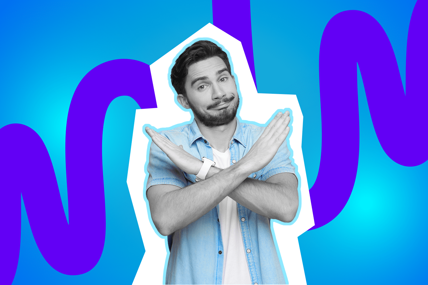 Mann hält die Arme gekreuzt hoch und deutet damit ein Nein an.