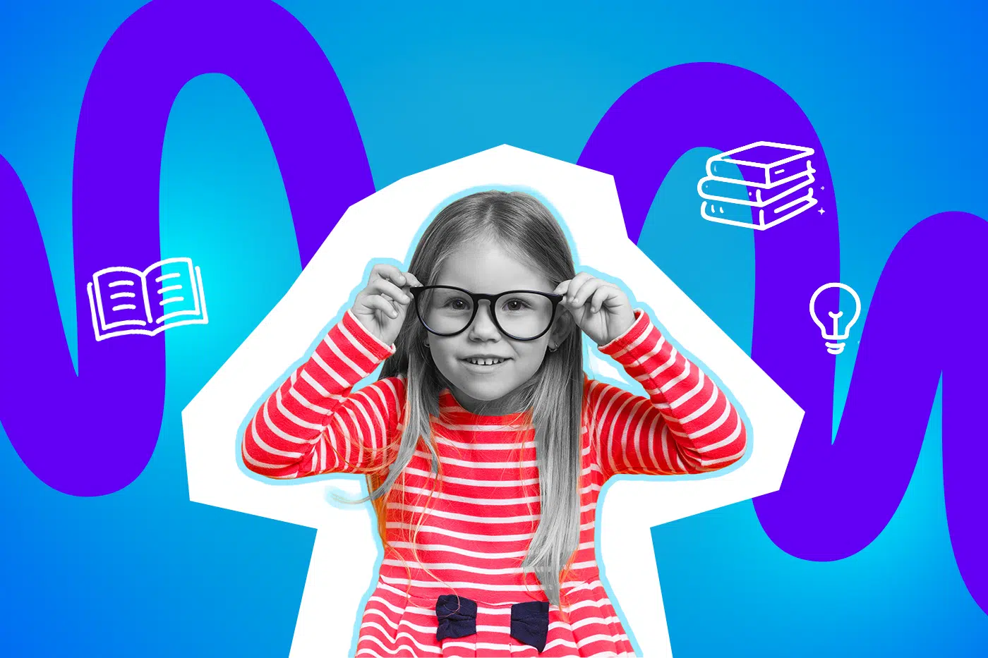 Ein neugieriges, selbstbewusst wirkendes Mädchen mit großer schwarzer Brille und rot-weiß gestreiftem Kleid blickt direkt in die Kamera und richtet die Brille mit beiden Händen.