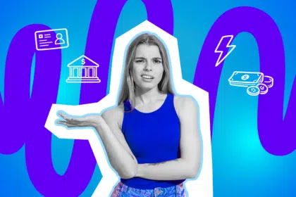 Junge Frau blickt verwirrt und hebt fragend die Hand vor einem bunten, grafischen Hintergrund mit Symbolen zu Geld, Bank und Kundenservice.