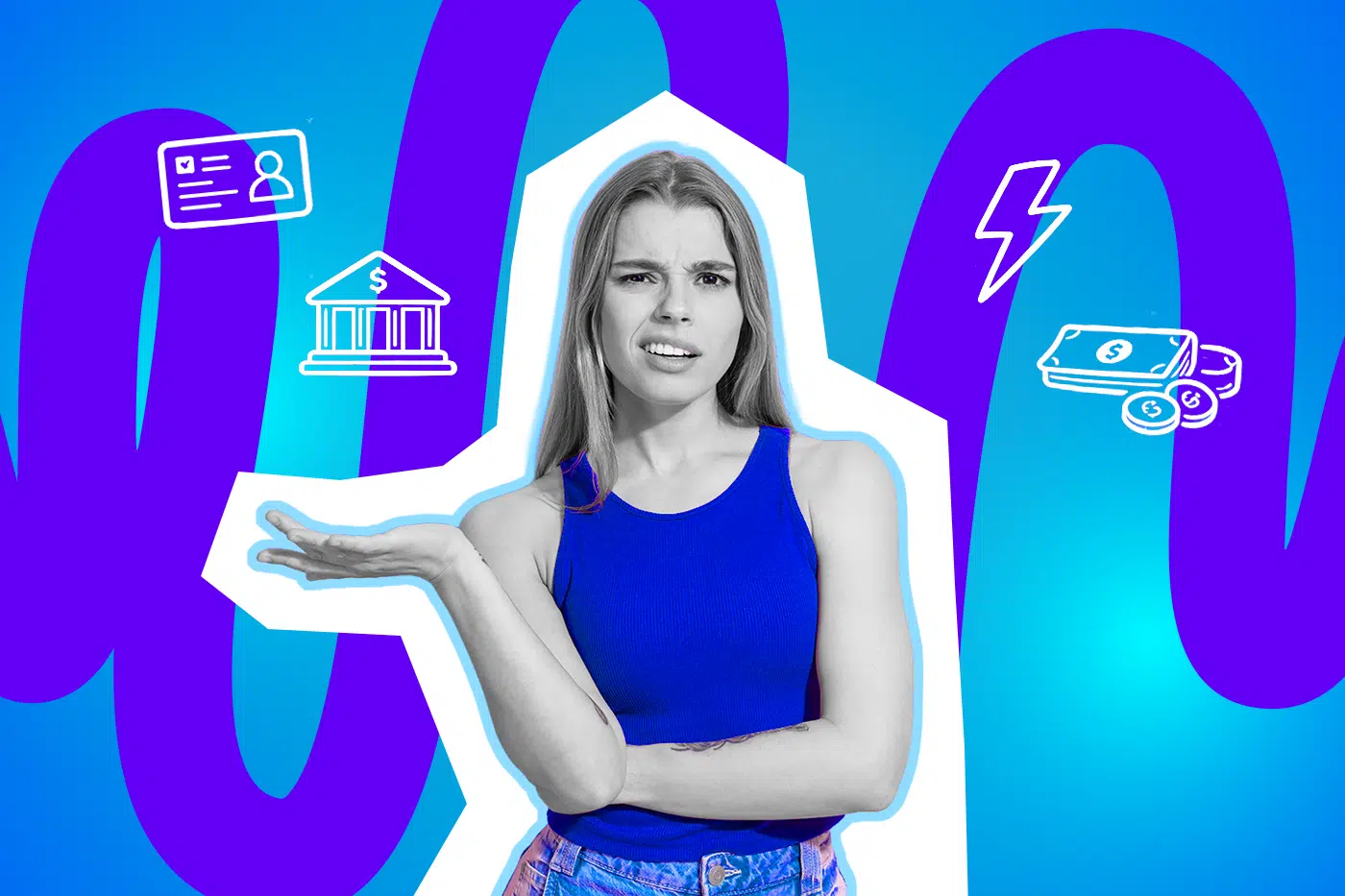 Junge Frau blickt verwirrt und hebt fragend die Hand vor einem bunten, grafischen Hintergrund mit Symbolen zu Geld, Bank und Kundenservice.