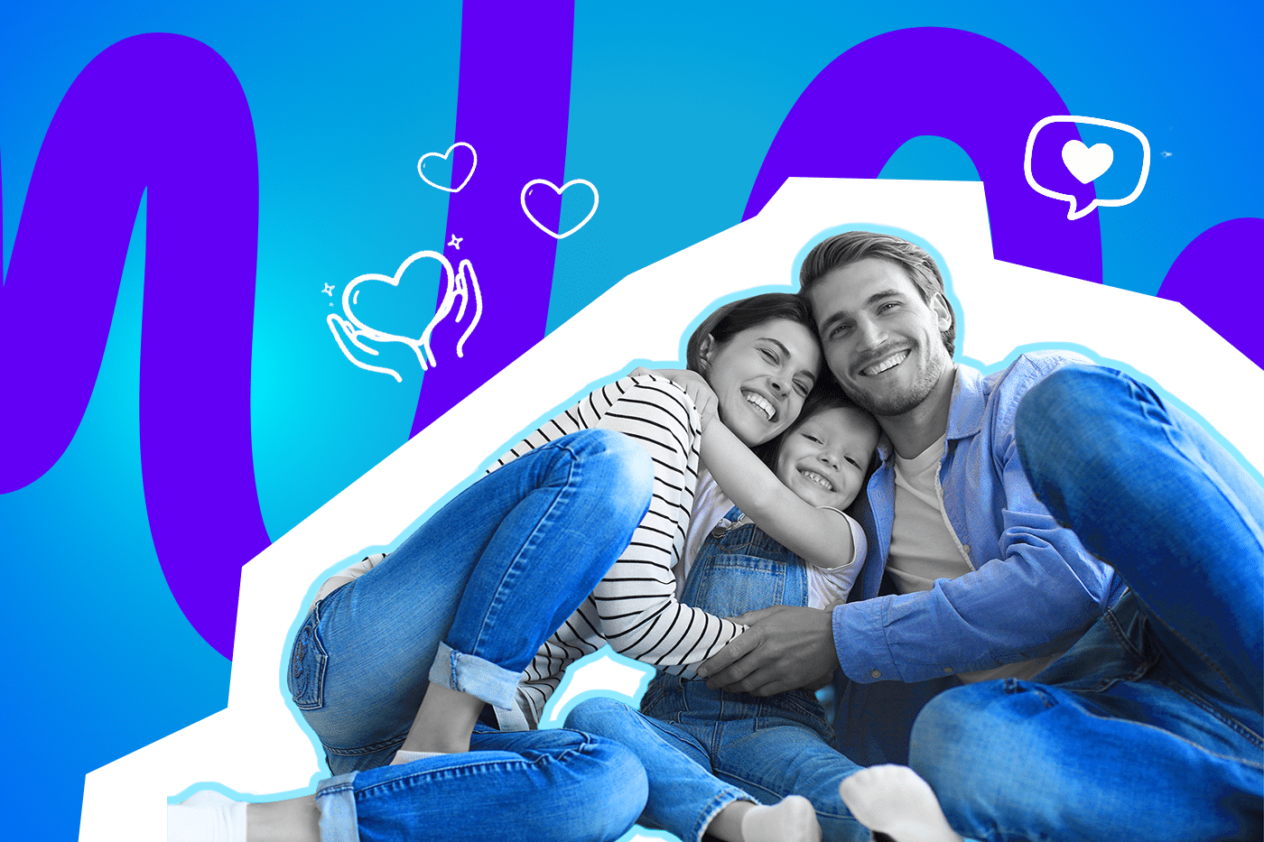 Glückliche Familie kuschelt eng zusammen und lächelt in die Kamera, vor einem bunten, grafischen Hintergrund mit Herz- und Liebessymbolen.