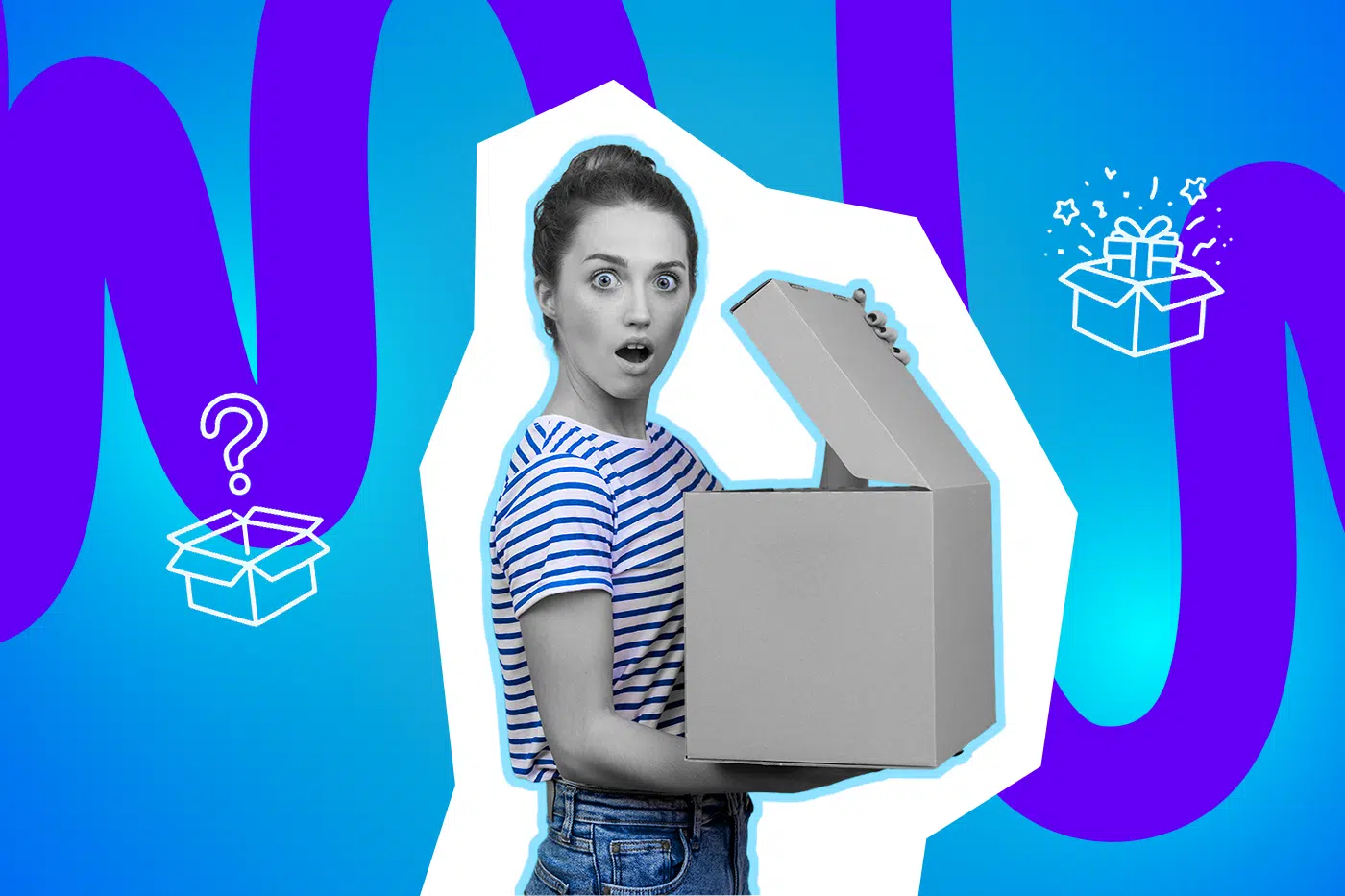 Eine Frau öffnet überrascht einen Karton. Das Bild steht für Unboxing, Erwartungen und unerwartete Überraschungen.