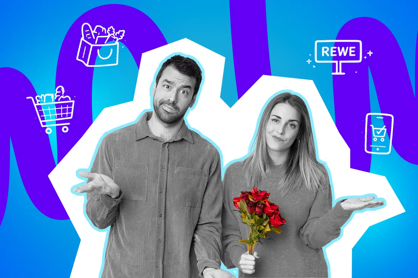 Ein Mann und eine Frau stehen vor einem farbigen Hintergrund mit Einkaufssymbolen, heben fragend die Hände, wobei die Frau einen Blumenstrauß hält und ein REWE-Logo zu sehen ist.