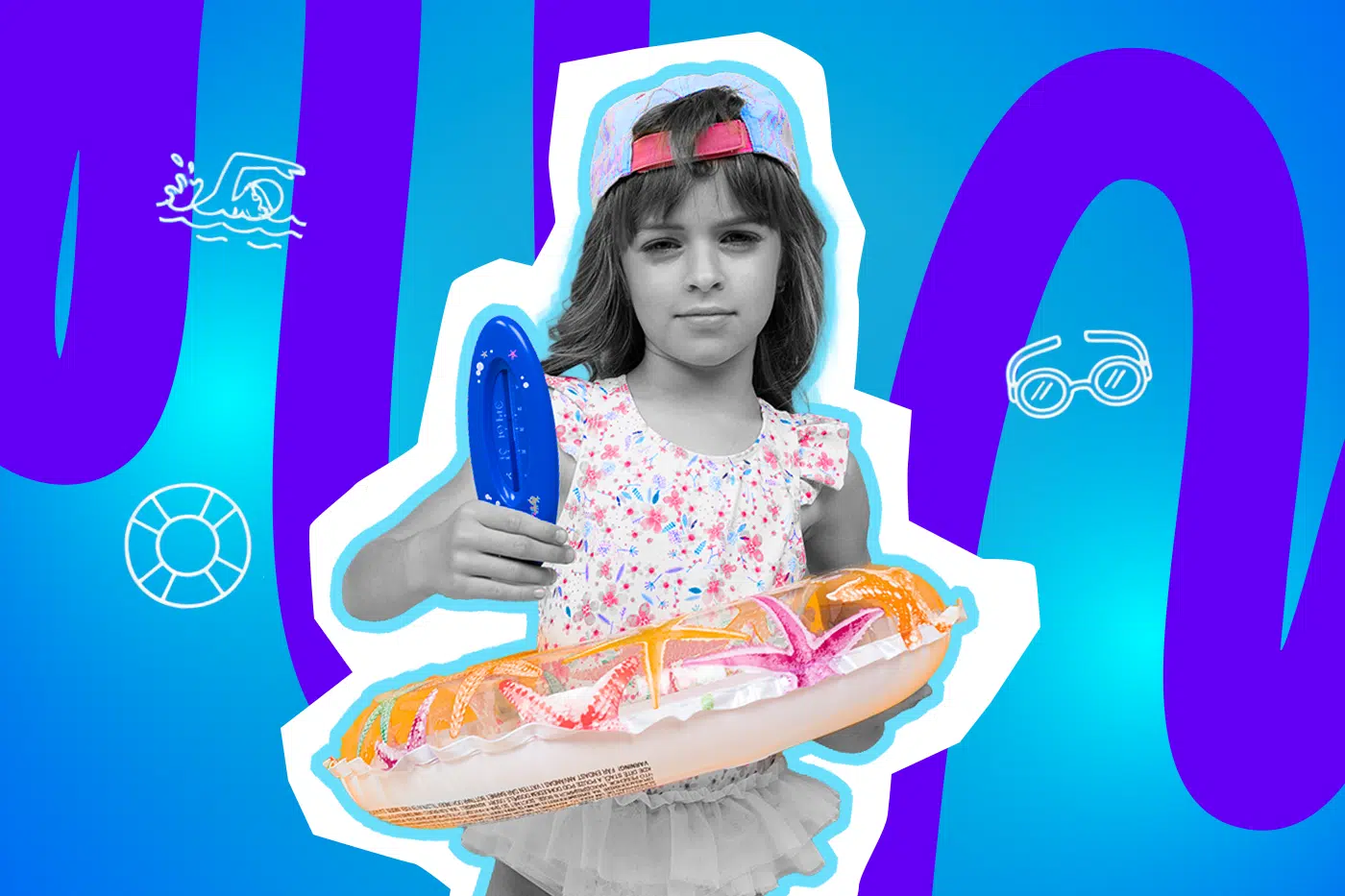 Mädchen im Blumen-Badeanzug mit Schwimmring und blauem Thermometer. Die Pop-Art-Illustration thematisiert den Schwimmunterricht in der Schule und die damit verbundenen Regeln und Erlebnisse.