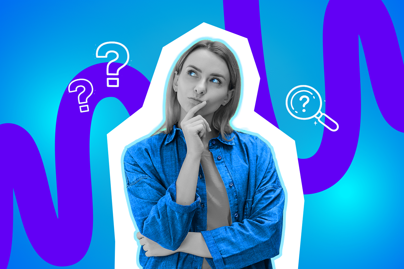 Eine Frau schaut fragend nach oben und hält sich die Hand ans Kinn.