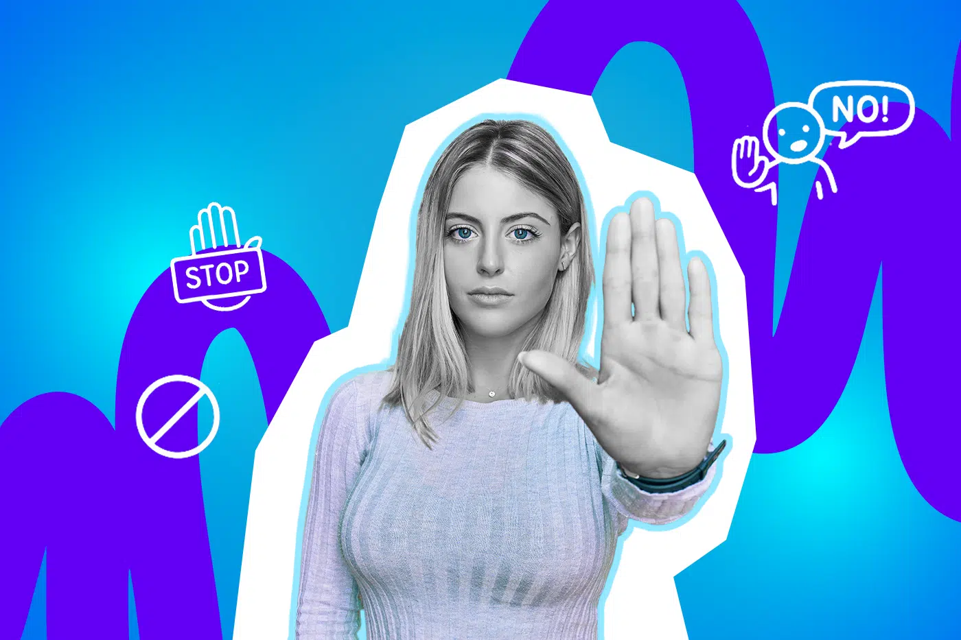 Frau hält die Handfläche nach vorne und signalisiert damit ein Stop Zeichen.