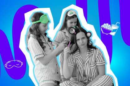Müde Mutter wird bei einer Übernachtungsparty von zwei Mädchen frisiert. Pop-Art-Illustration, die humorvoll das Chaos und die Erschöpfung von Eltern bei Pyjamapartys darstellt. Mit Vektor-Icons von Popcorn, Getränken und Schlafmasken.