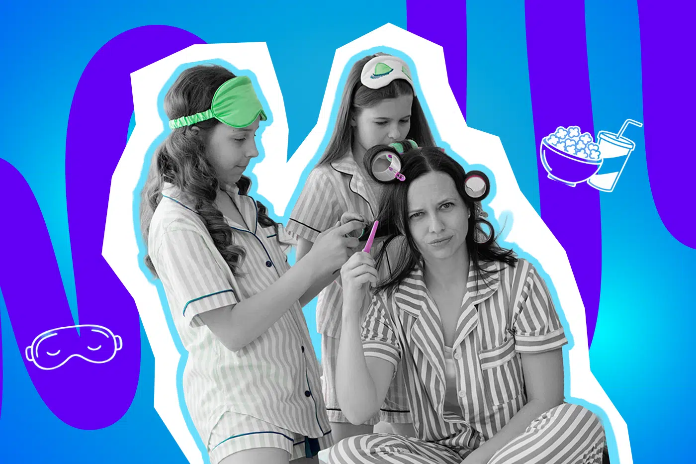 Müde Mutter wird bei einer Übernachtungsparty von zwei Mädchen frisiert. Pop-Art-Illustration, die humorvoll das Chaos und die Erschöpfung von Eltern bei Pyjamapartys darstellt. Mit Vektor-Icons von Popcorn, Getränken und Schlafmasken.