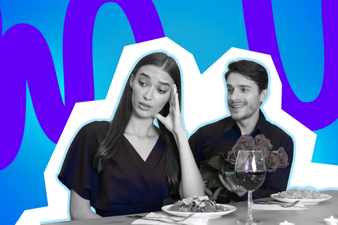 Eine Frau wirkt genervt, während ihr Gegenüber mit Blumen gut gelaunt am Tisch sitzt. Das Bild steht für schräge oder unpassende Eigenschaften in Beziehungen.
