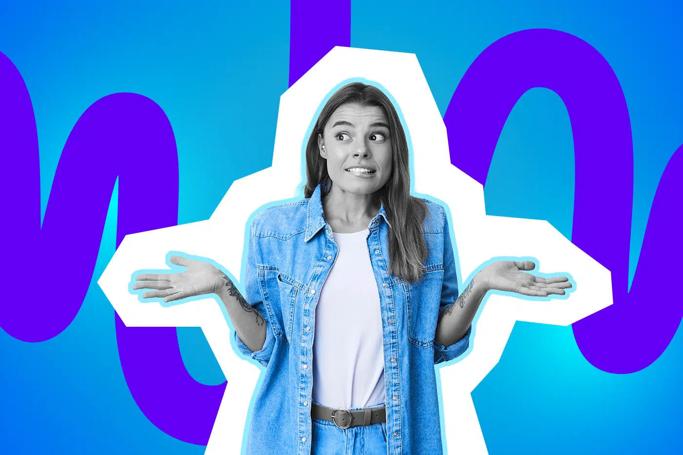 Junge Frau zuckt ratlos mit den Schultern und hebt fragend die Hände vor einem bunten, grafischen Hintergrund.