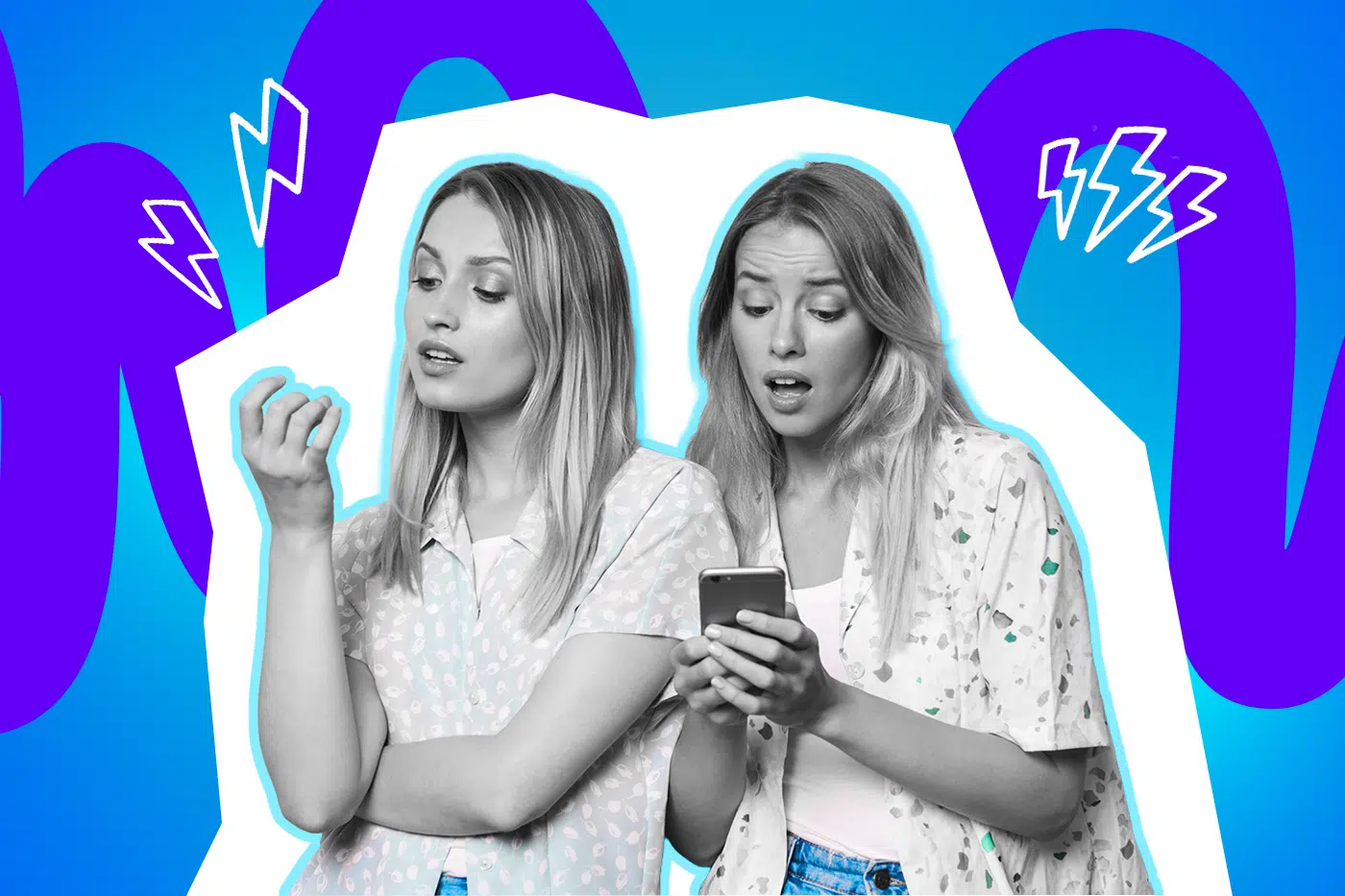 Zwei junge Frauen wirken angespannt, eine blickt skeptisch zur Seite, während die andere überrascht auf ihr Smartphone schaut, vor einem bunten, grafischen Hintergrund mit Blitzsymbolen.