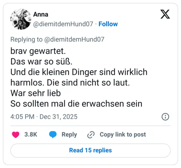 brav gewartet. Das war so süß. Und die kleinen Dinger sind wirklich harmlos. Die sind nicht so laut. War sehr lieb So sollten mal die erwachsen sein