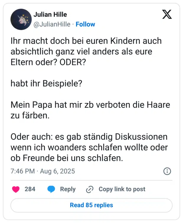 Ihr macht doch bei euren Kindern auch absichtlich ganz viel anders als eure Eltern oder? ODER? habt ihr Beispiele? Mein Papa hat mir zb verboten die Haare zu färben. Oder auch: es gab ständig Diskussionen wenn ich woanders schlafen wollte oder ob Freunde bei uns schlafen.