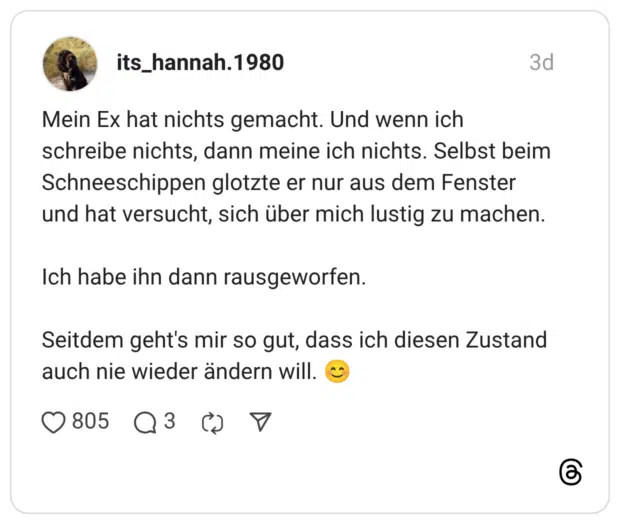 Mein Ex hat nichts gemacht. Und wenn ich schreibe nichts, dann meine ich nichts. Selbst beim Schneeschippen glotzte er nur aus dem Fenster und hat versucht, sich über mich lustig zu machen. Ich habe ihn dann rausgeworfen. Seitdem geht's mir so gut, dass ich diesen Zustand auch nie wieder ändern will.