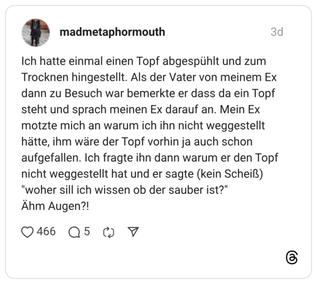 Ich hatte einmal einen Topf abgespuhlt und zum Trocknen hingestellt. Als der Vater von meinem Ex dann zu Besuch war bemerkte er dass da ein Topf steht und sprach meinen Ex darauf an. Mein Ex motzte mich an warum ich ihn nicht weggestellt hätte, ihm wäre der Topf vorhin ja auch schon aufgefallen. Ich fragte ihn dann warum er den Topf nicht weggestellt hat und er sagte (kein Scheiß) "woher sill ich wissen ob der sauber ist?" Ähm Augen?!